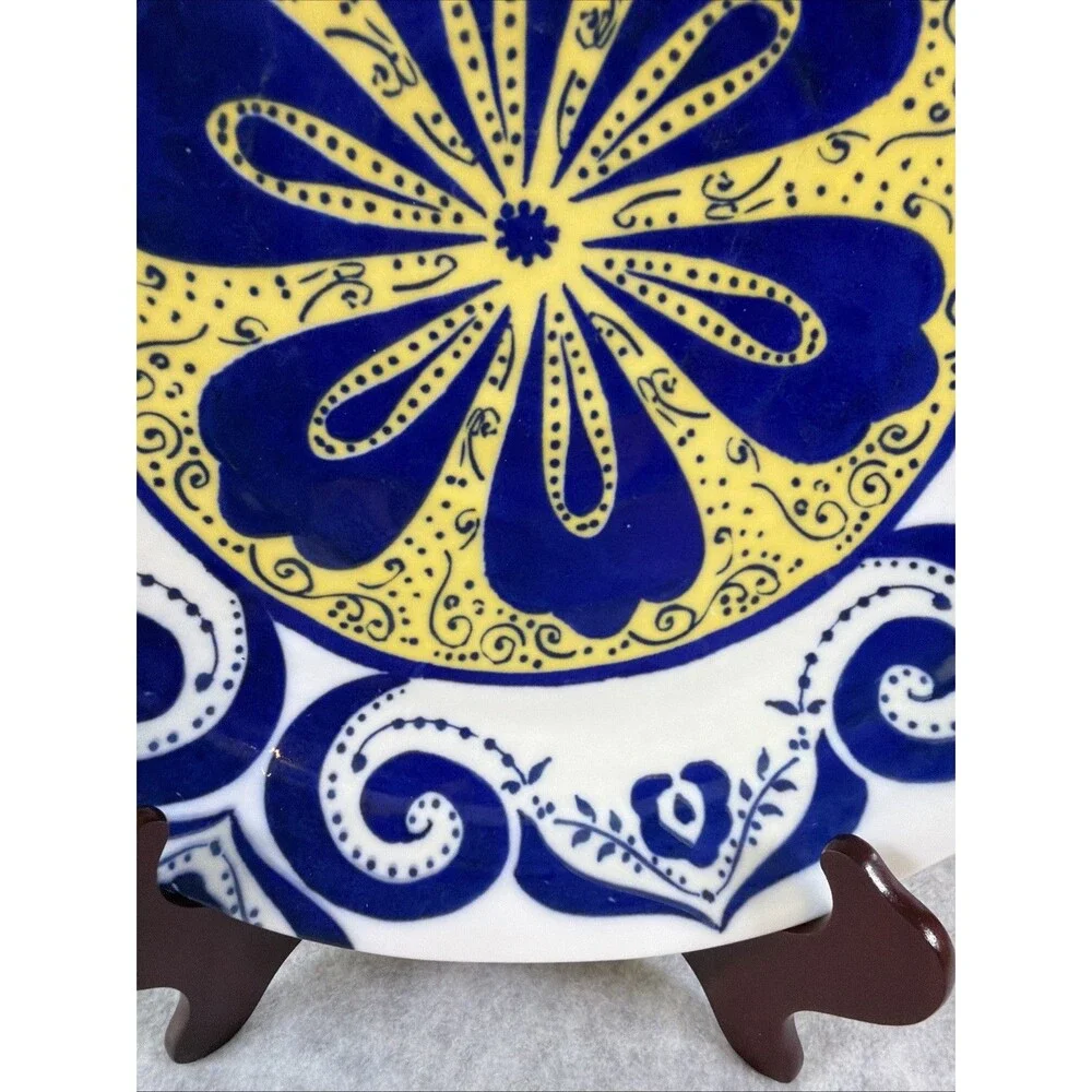 Anthropologie Cordoba Blue Yellow Floral Dinner Plate Handpainted Pottery